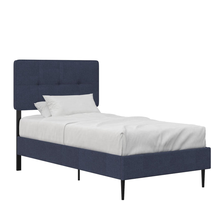 Tyler Linen Upholstered Bed with Square Tufted Headboard and Wooden Frame - Blue - Twin