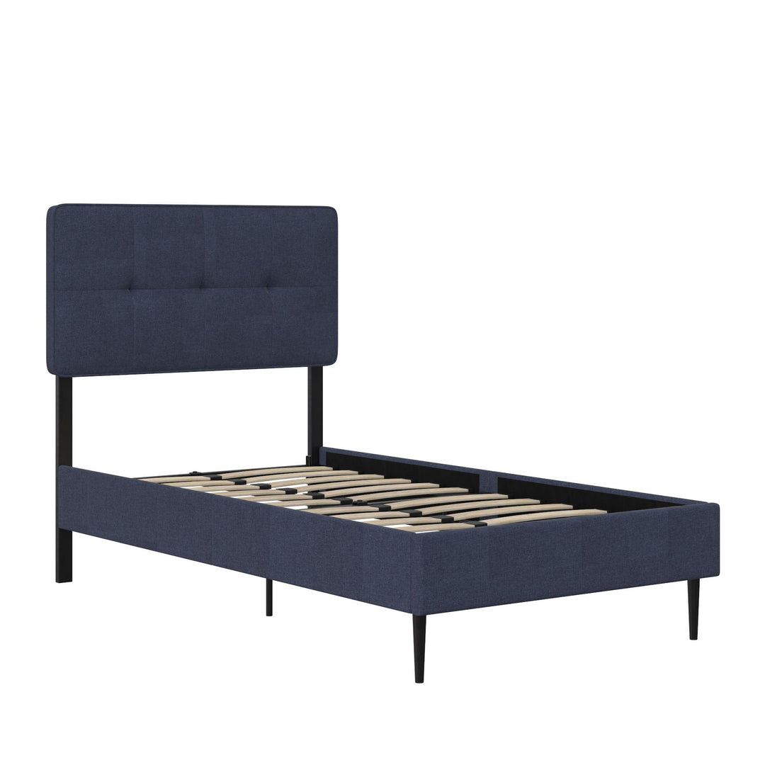 Tyler Linen Upholstered Bed with Square Tufted Headboard and Wooden Frame - Blue - Twin