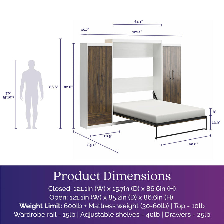 Pinnacle Queen Wall Bed with 8" Memory Foam Mattress and 2 Cabinets - Columbia Walnut - Queen