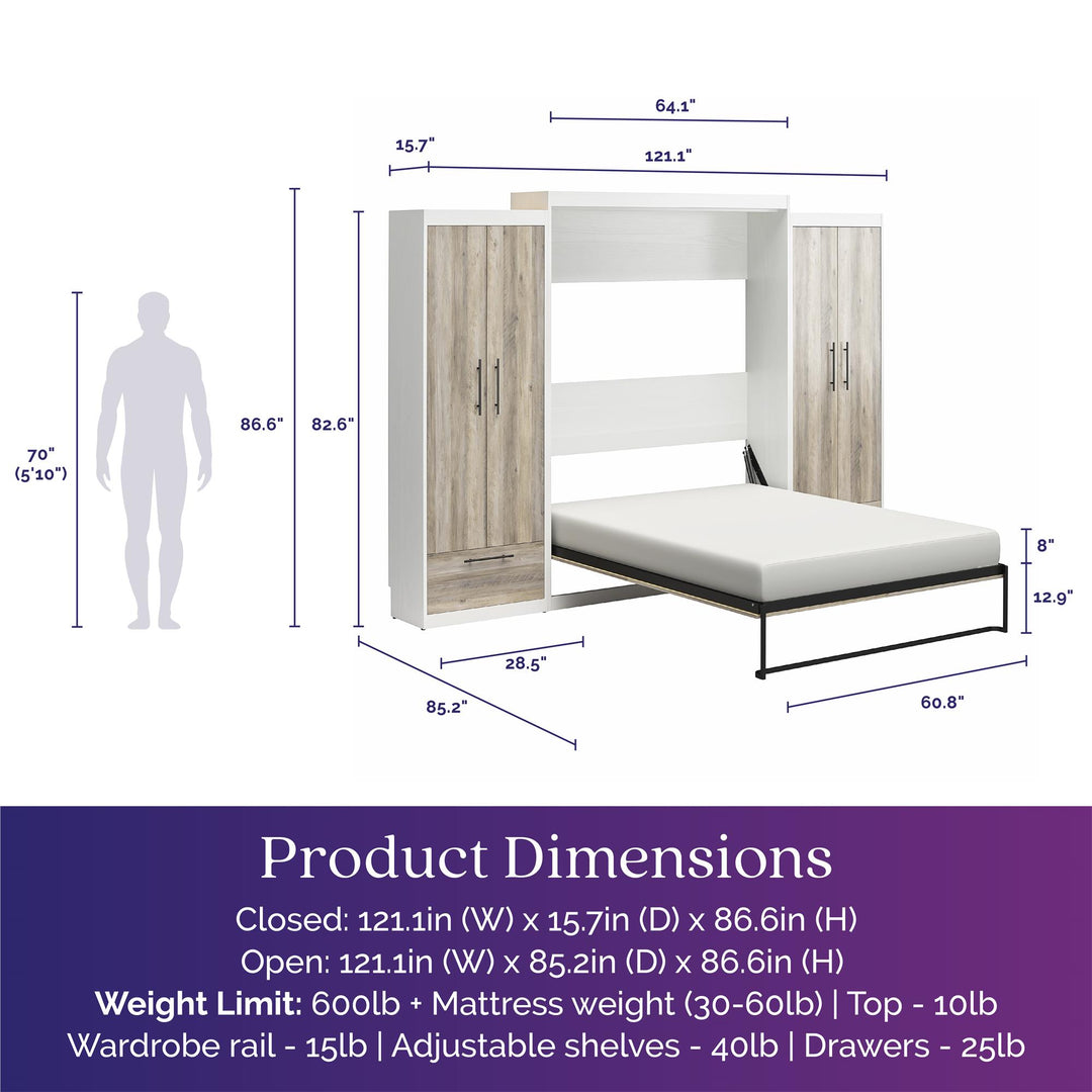 Pinnacle Queen Wall Bed with 8" Memory Foam Mattress and 2 Cabinets - Gray Oak - Queen