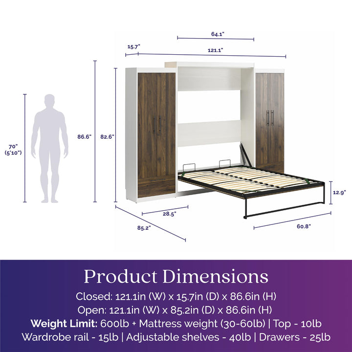 Pinnacle Queen Wall Bed with 2 Wardrobe Side Cabinets - Columbia Walnut - Queen