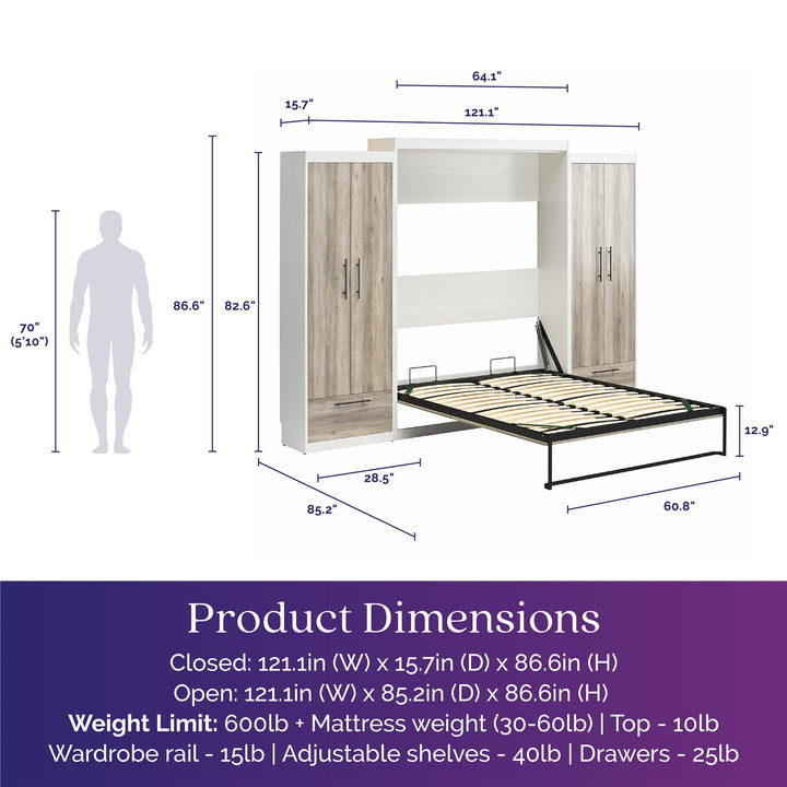 Pinnacle Queen Wall Bed with 2 Wardrobe Side Cabinets - Gray Oak - Queen