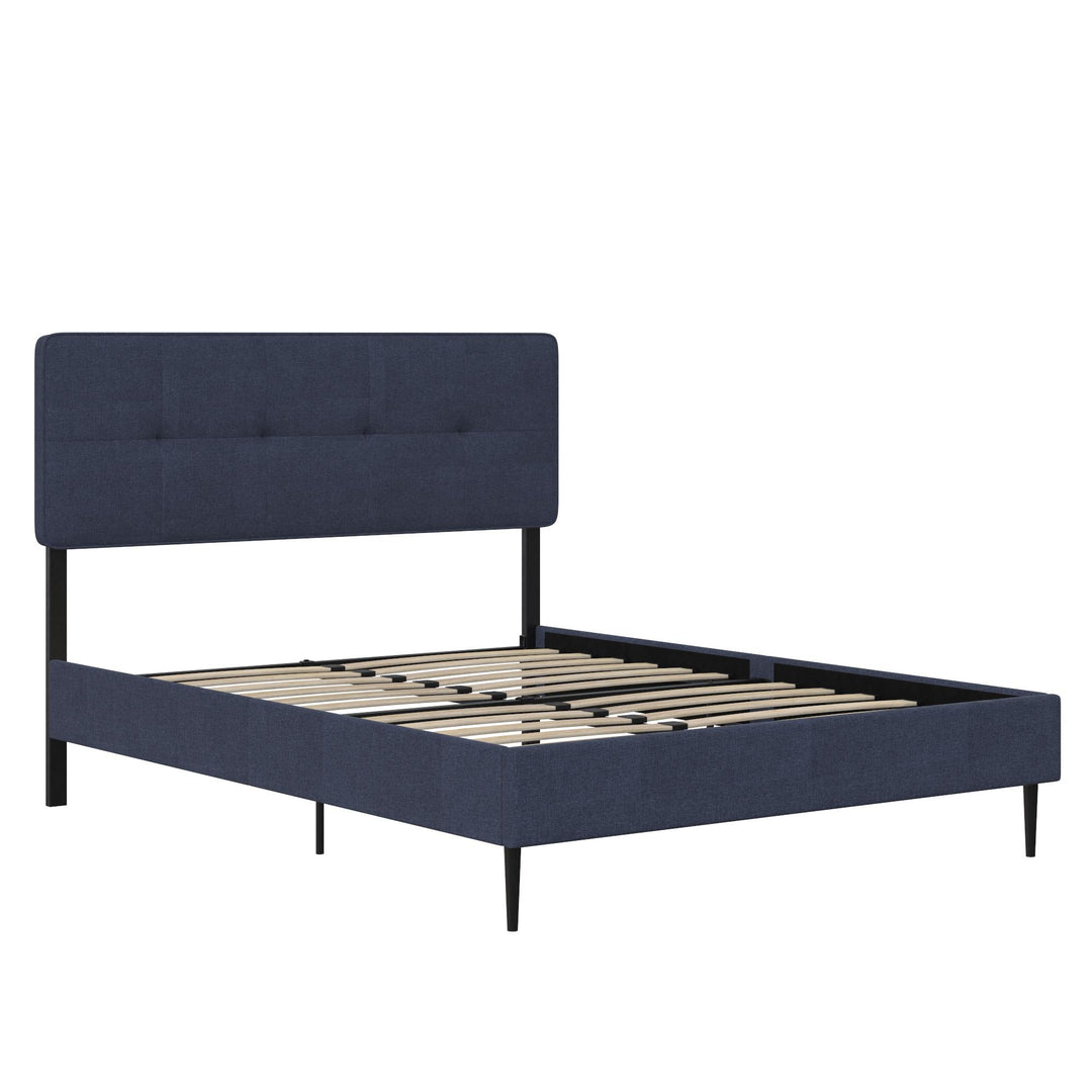 Tyler Linen Upholstered Bed with Square Tufted Headboard and Wooden Frame - Blue - Full