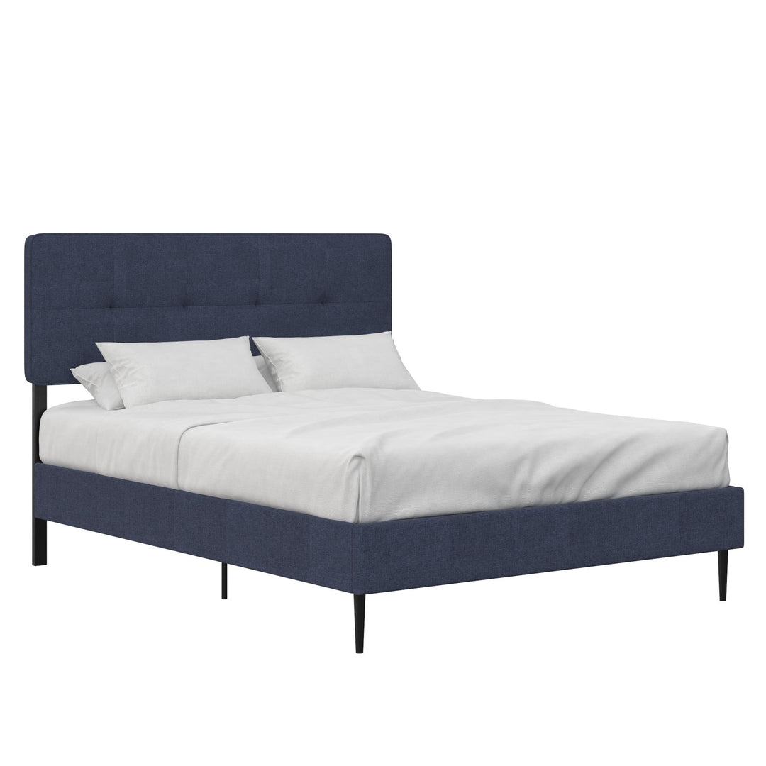 Tyler Linen Upholstered Bed with Square Tufted Headboard and Wooden Frame - Blue - Full