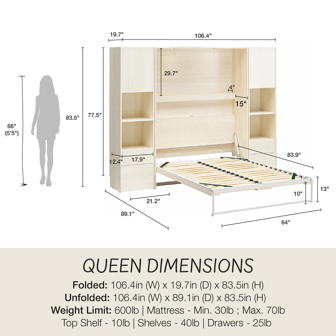 Greenwich Murphy Bed with 2 Wardrobe Side Cabinets - Ivory Oak - Queen