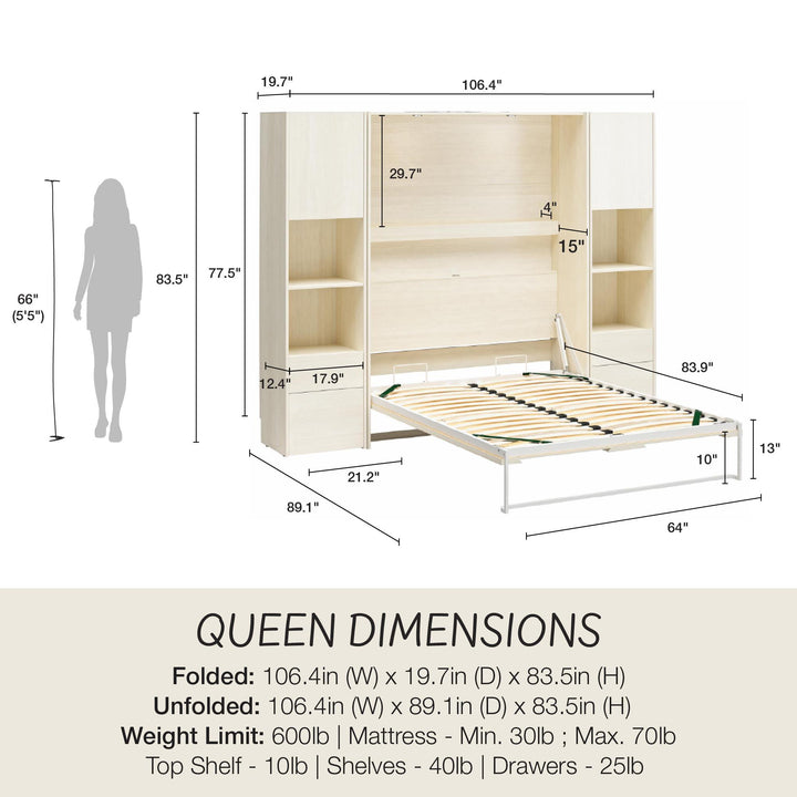 Greenwich Murphy Bed with 2 Wardrobe Side Cabinets - Ivory Oak - Queen