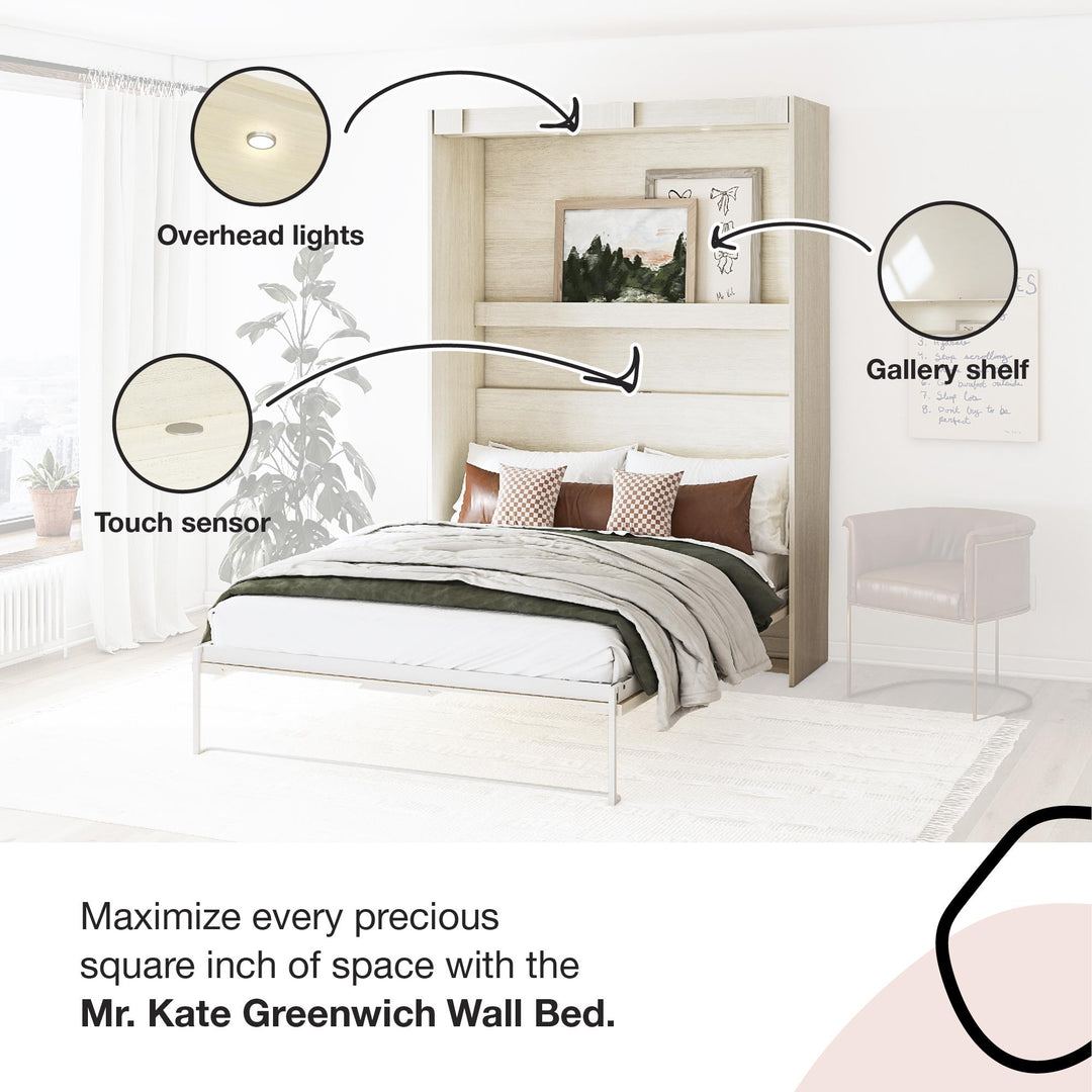 Features of the Greenwich Queen Murphy Bed displayed in a stylish bedroom setting - Ivory Oak