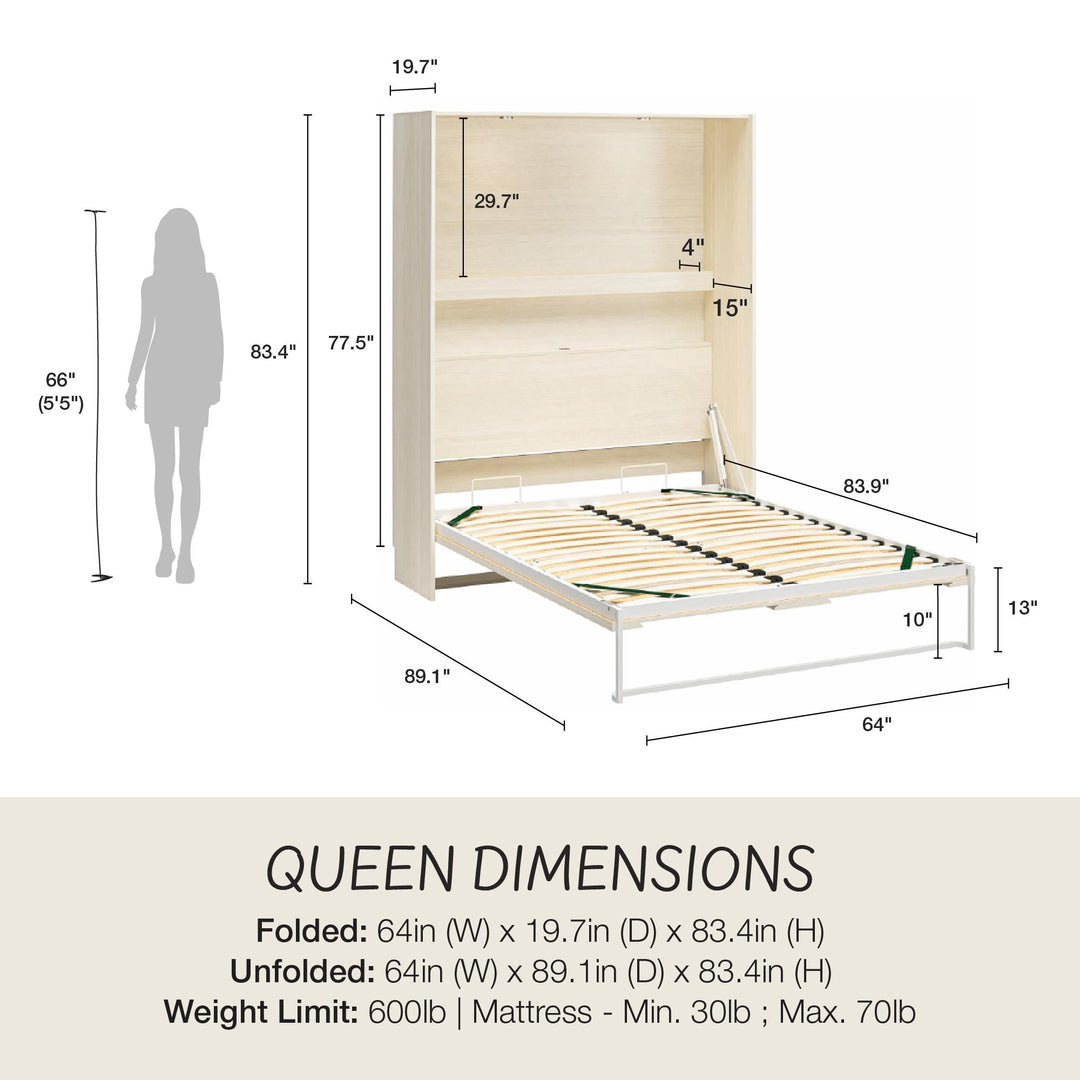 Illustration of the queen-size dimensions specific to the Greenwich Queen Murphy Bed - Ivory Oak