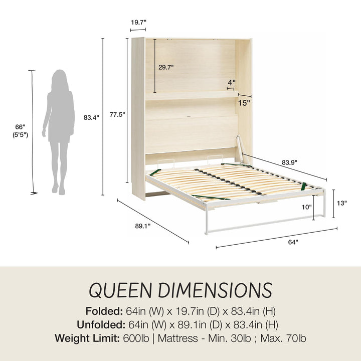 Illustration of the queen-size dimensions specific to the Greenwich Queen Murphy Bed - Ivory Oak