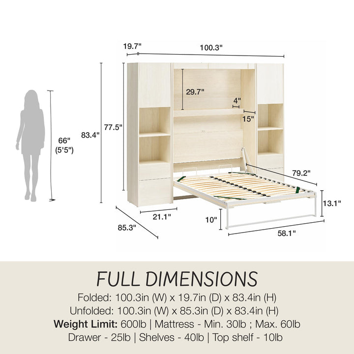 Greenwich Murphy Bed with 2 Wardrobe Side Cabinets - Ivory Oak - Full