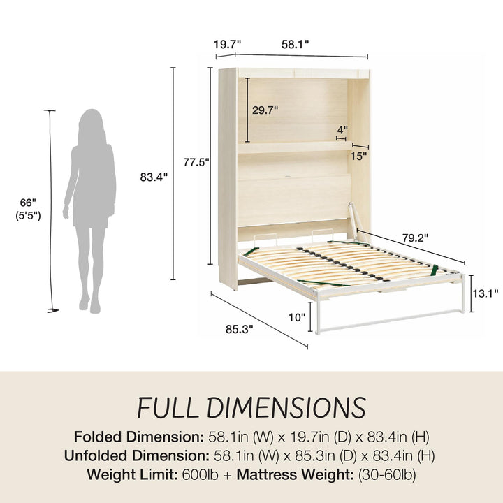 Greenwich Full Murphy Bed with Gallery Shelf and Touch Sensor LED Lighting - Ivory Oak - Full