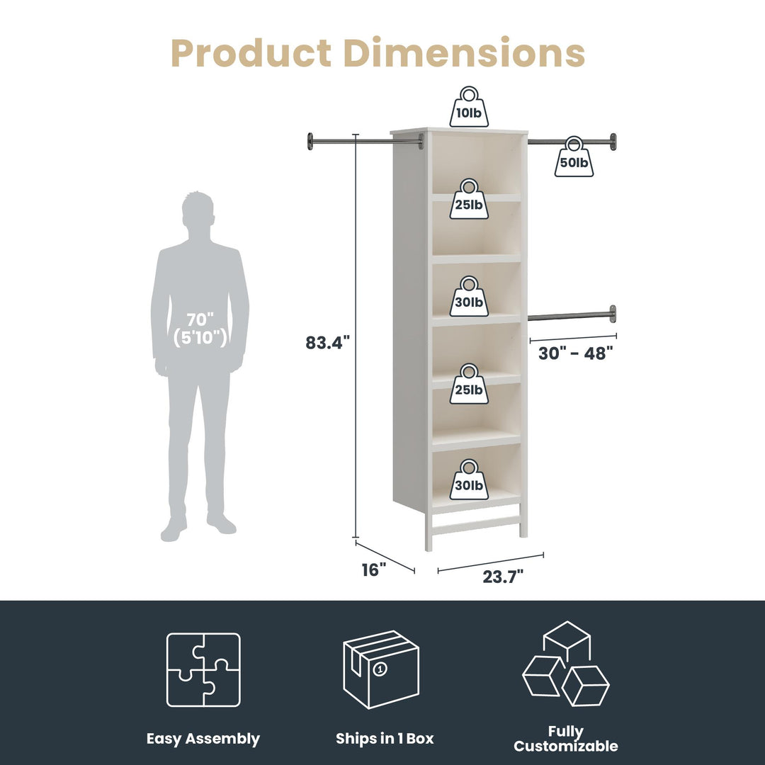 Luxe 6 Shelf Closet Tower with 3 Adjustable Clothing Rods - Ivory Oak