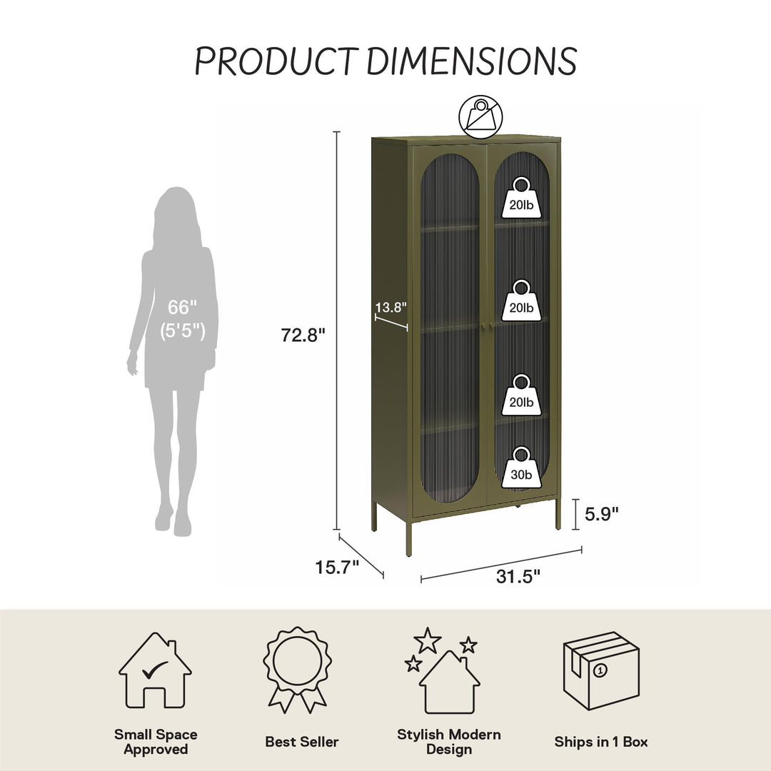 Luna Tall 2-Door Accent Cabinet with Fluted Glass - Olive Green Metal