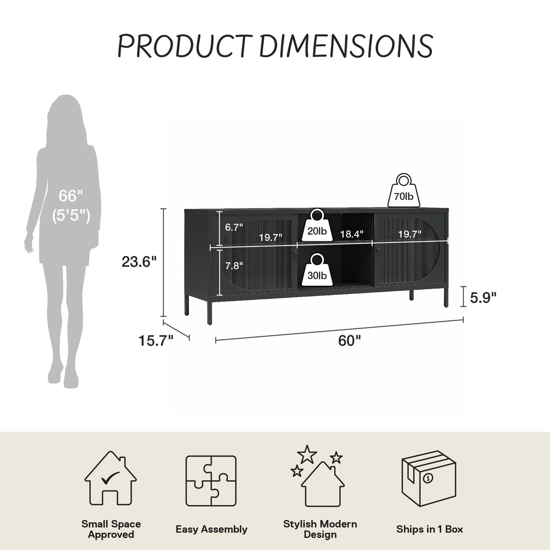 Luna Metal TV Stand with Fluted Glass for 65" TVs - Black