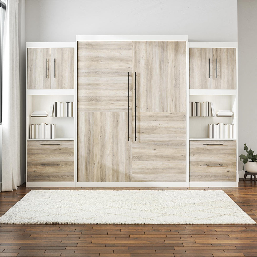 Pinnacle Queen Murphy Bed with 2 Side Cabinets and 8" Memory Foam Mattress TEST - Gray Oak - Queen