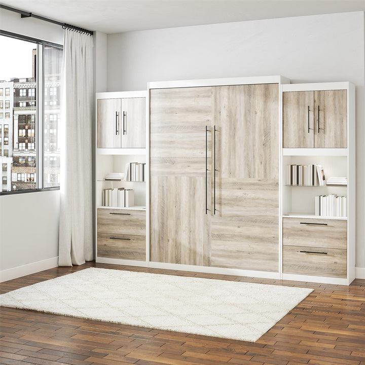 Pinnacle Queen Murphy Bed with 2 Side Cabinets and 8" Memory Foam Mattress TEST - Gray Oak - Queen