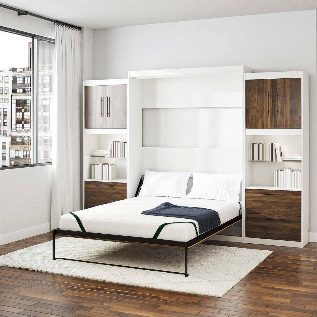 Pinnacle Queen Murphy Bed with 2 Side Cabinets and 8" Memory Foam Mattress - Columbia Walnut - Queen