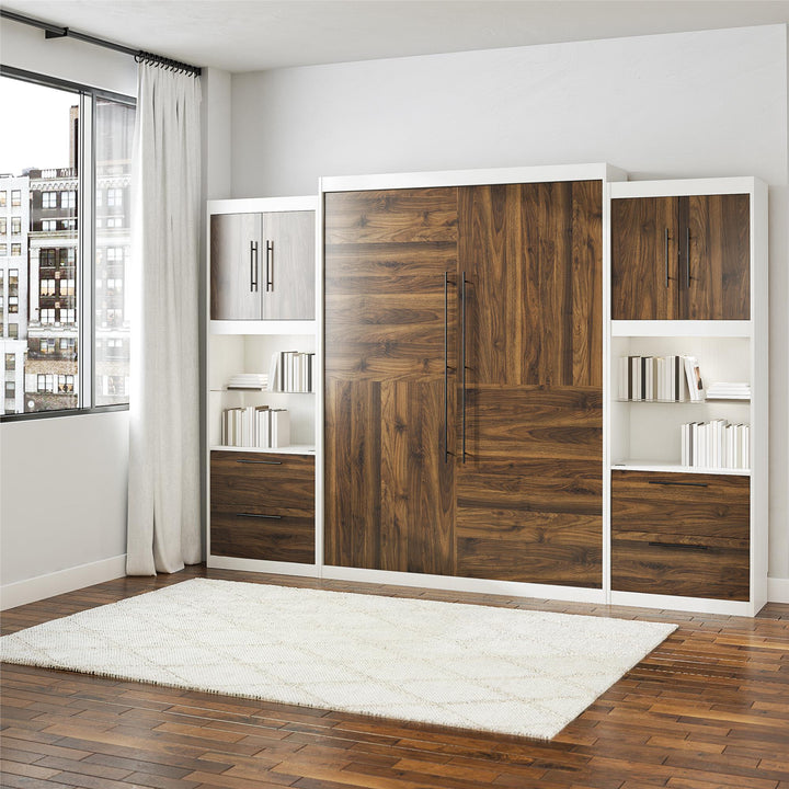 Pinnacle Queen Murphy Bed with 2 Side Cabinets and 8" Memory Foam Mattress - Columbia Walnut - Queen