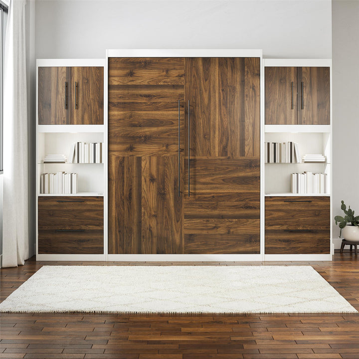 Pinnacle Queen Murphy Bed with 2 Side Cabinets and 8" Memory Foam Mattress - Columbia Walnut - Queen