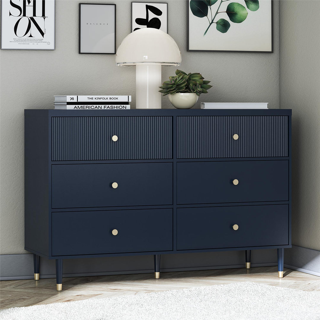 Elizabeth 6 Drawer Textured Dresser with Gold Knobs - Navy