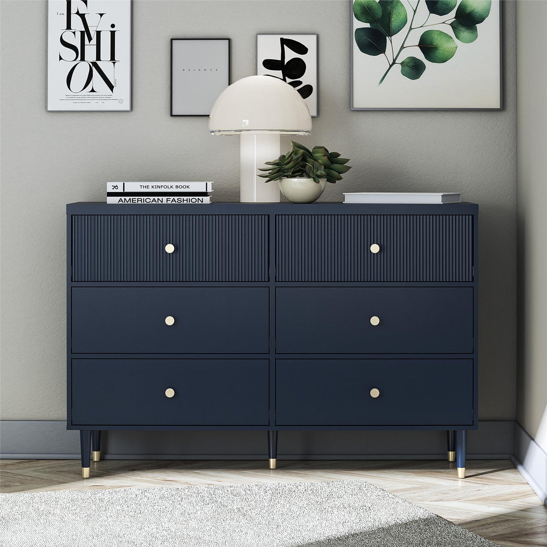 Elizabeth 6 Drawer Textured Dresser with Gold Knobs - Navy