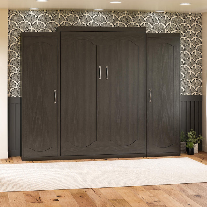 Her Majesty Queen Size Murphy Bed with 2 Side Cabinets and 8" Memory Foam Mattress - Black Oak - Queen