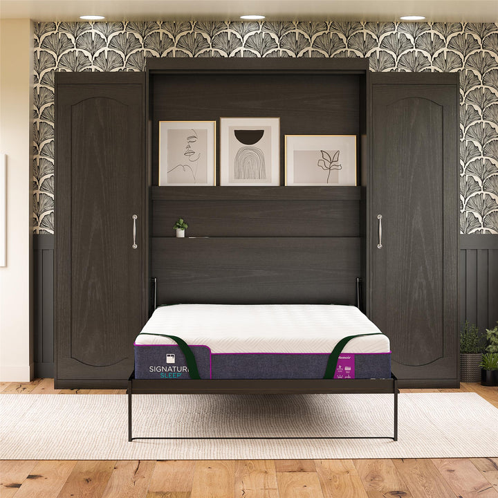 Her Majesty Queen Size Murphy Bed with 2 Side Cabinets and 8" Memory Foam Mattress - Black Oak - Queen