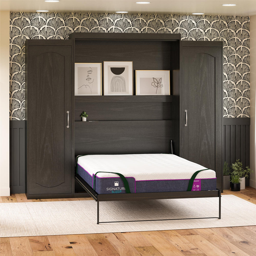 Her Majesty Queen Size Murphy Bed with 2 Side Cabinets and 8" Memory Foam Mattress - Black Oak - Queen