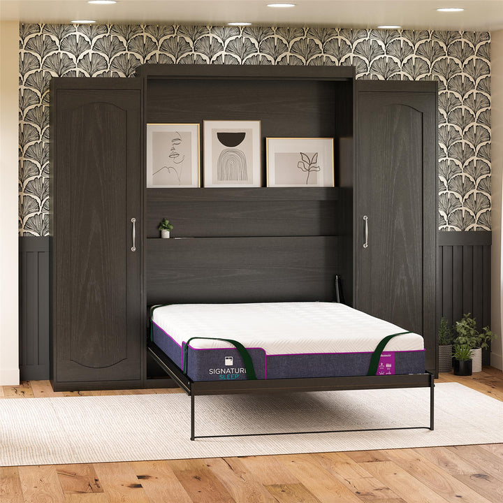 Her Majesty Queen Size Murphy Bed with 2 Side Cabinets and 8" Memory Foam Mattress - Black Oak - Queen