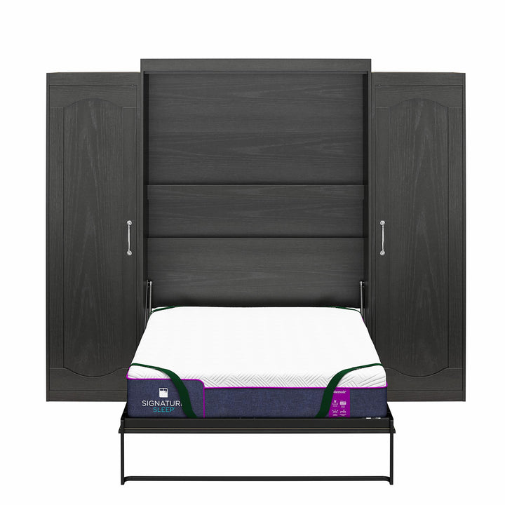 Her Majesty Queen Size Murphy Bed with 2 Side Cabinets and 8" Memory Foam Mattress - Black Oak - Queen