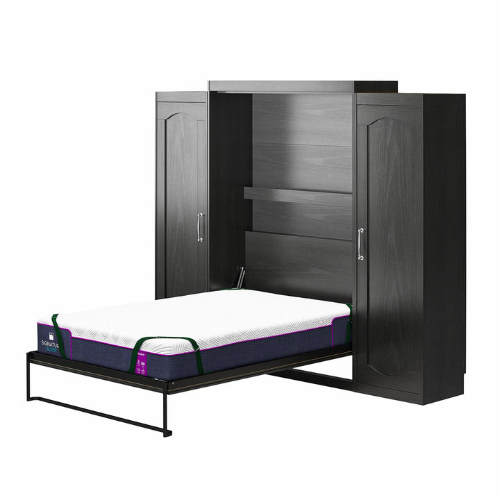 Her Majesty Queen Size Murphy Bed with 2 Side Cabinets and 8" Memory Foam Mattress - Black Oak - Queen