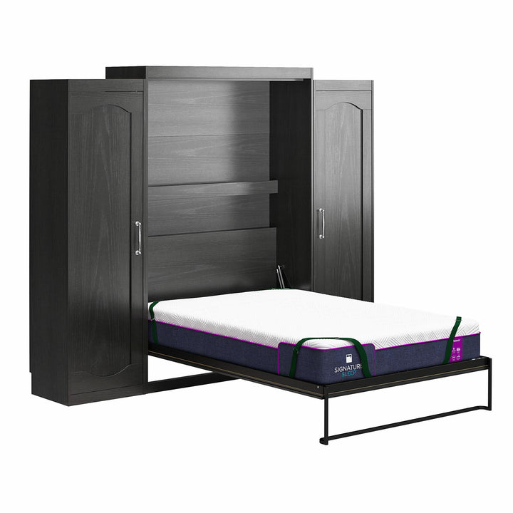 Her Majesty Queen Size Murphy Bed with 2 Side Cabinets and 8" Memory Foam Mattress - Black Oak - Queen