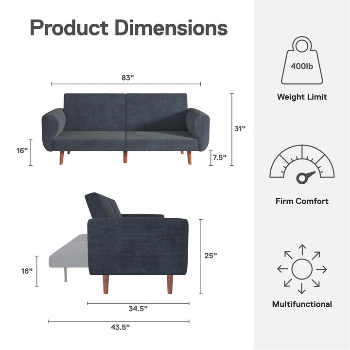 Daylen Mid-Century Futon Sofa Bed - Blue - 2-Seater