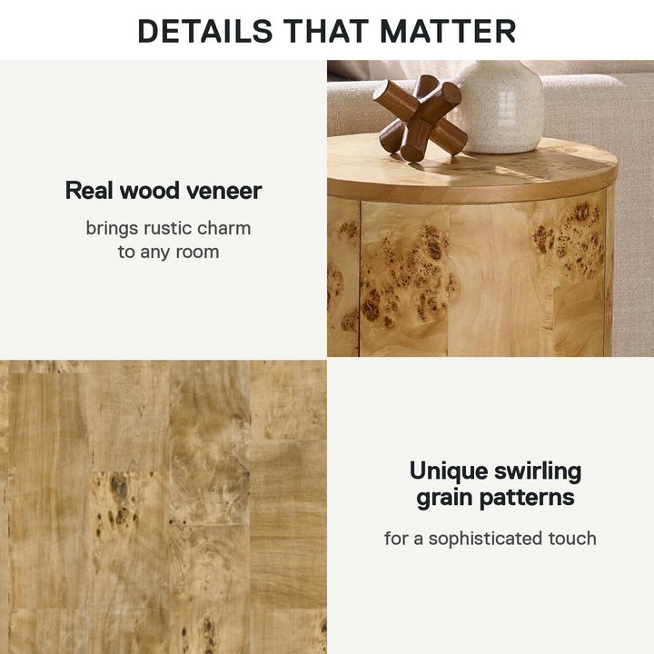 Burlwood Round Wood Veneer End Table - Burl Veneer