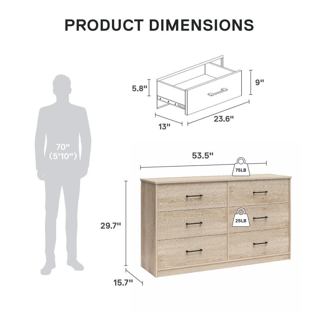 Easy Build Pearce Wide 6 Drawer Dresser with Interlocking SwitchLock™ System - Blonde Oak - 6 Drawer