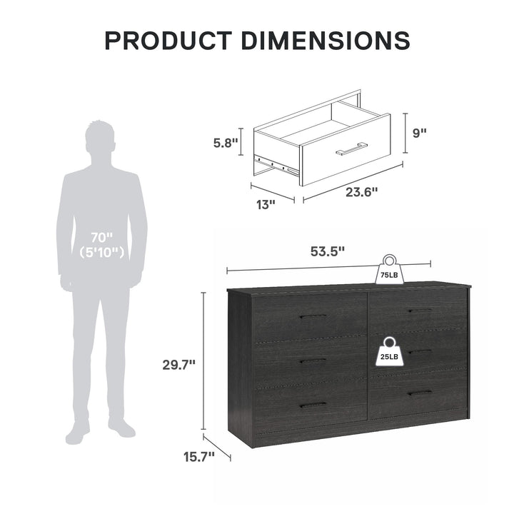 Easy Build Pearce Wide 6 Drawer Dresser with Interlocking SwitchLock™ System - Black Oak - 6 Drawer