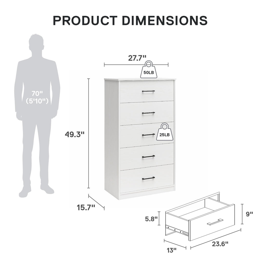 Easy Build Pearce Tall 5 Drawer Dresser with Interlocking SwitchLock™ System - White - 5 Drawer