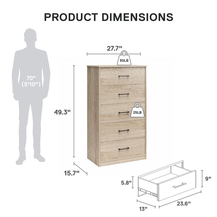 Easy Build Pearce Tall 5 Drawer Dresser with Interlocking SwitchLock™ System - Blonde Oak - 5 Drawer