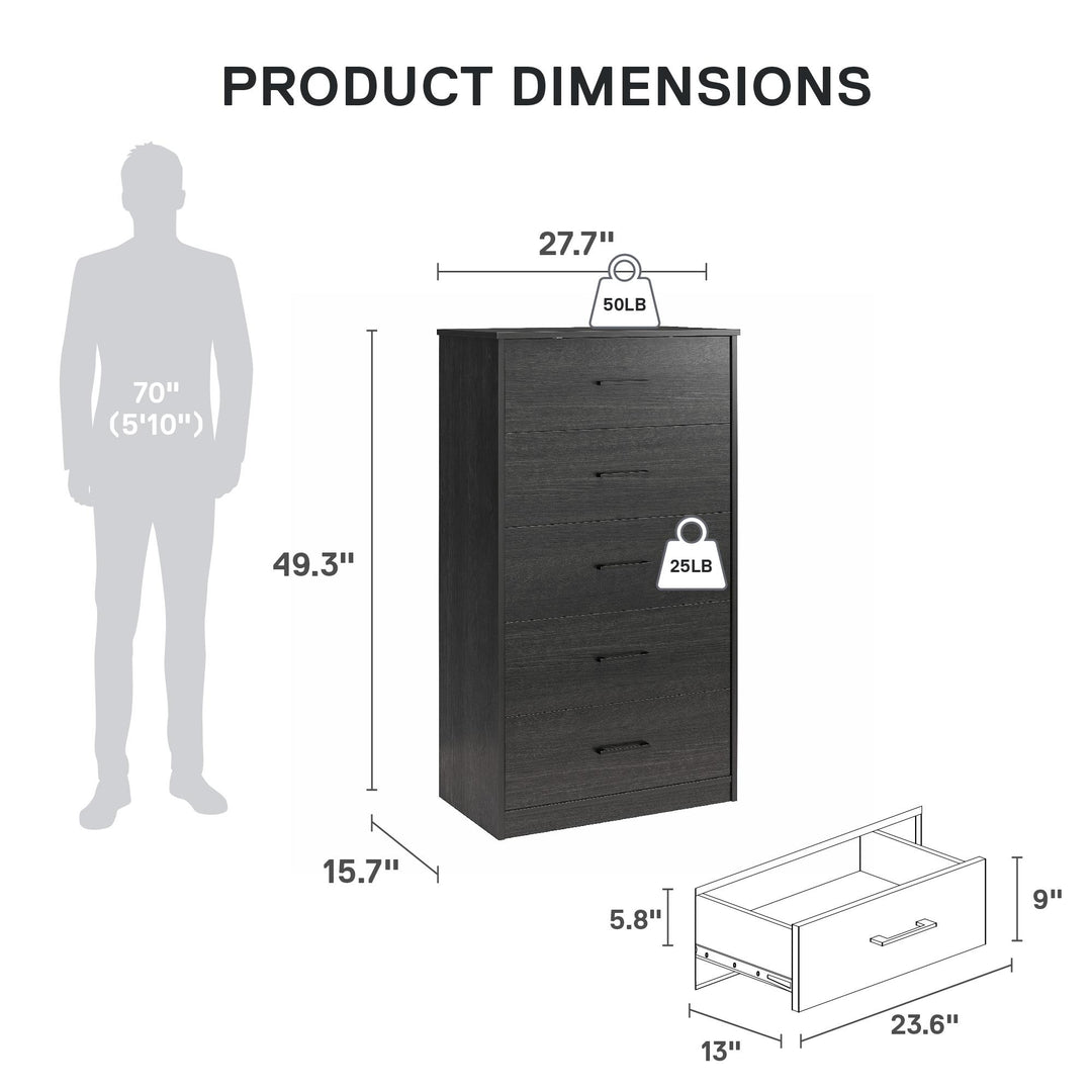 Easy Build Pearce Tall 5 Drawer Dresser with Interlocking SwitchLock™ System - Black Oak - 5 Drawer