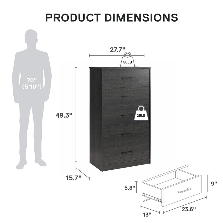 Easy Build Pearce Tall 5 Drawer Dresser with Interlocking SwitchLock™ System - Black Oak - 5 Drawer