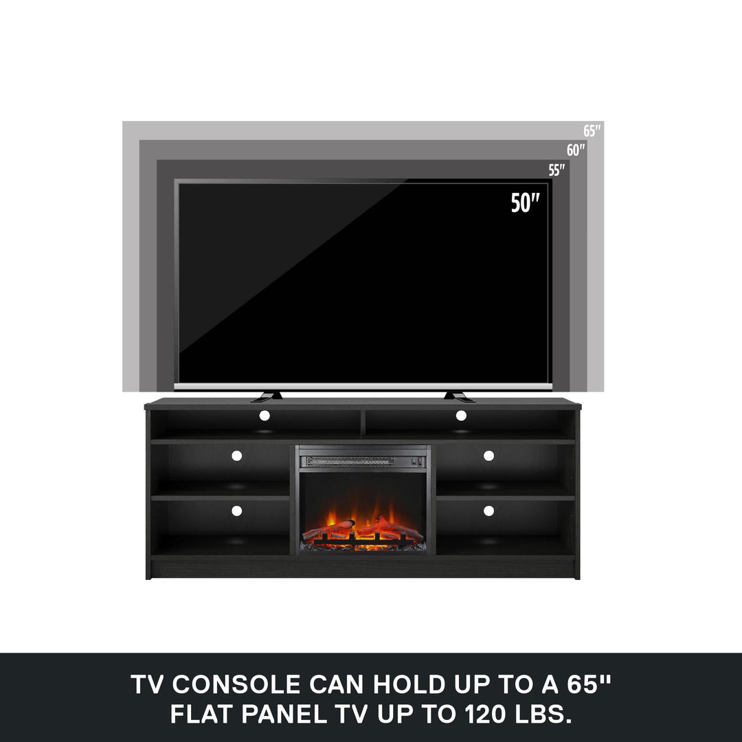 Hendrix 65 Inch TV Stand with Electric Fireplace Insert and 6 Shelves - Black Oak