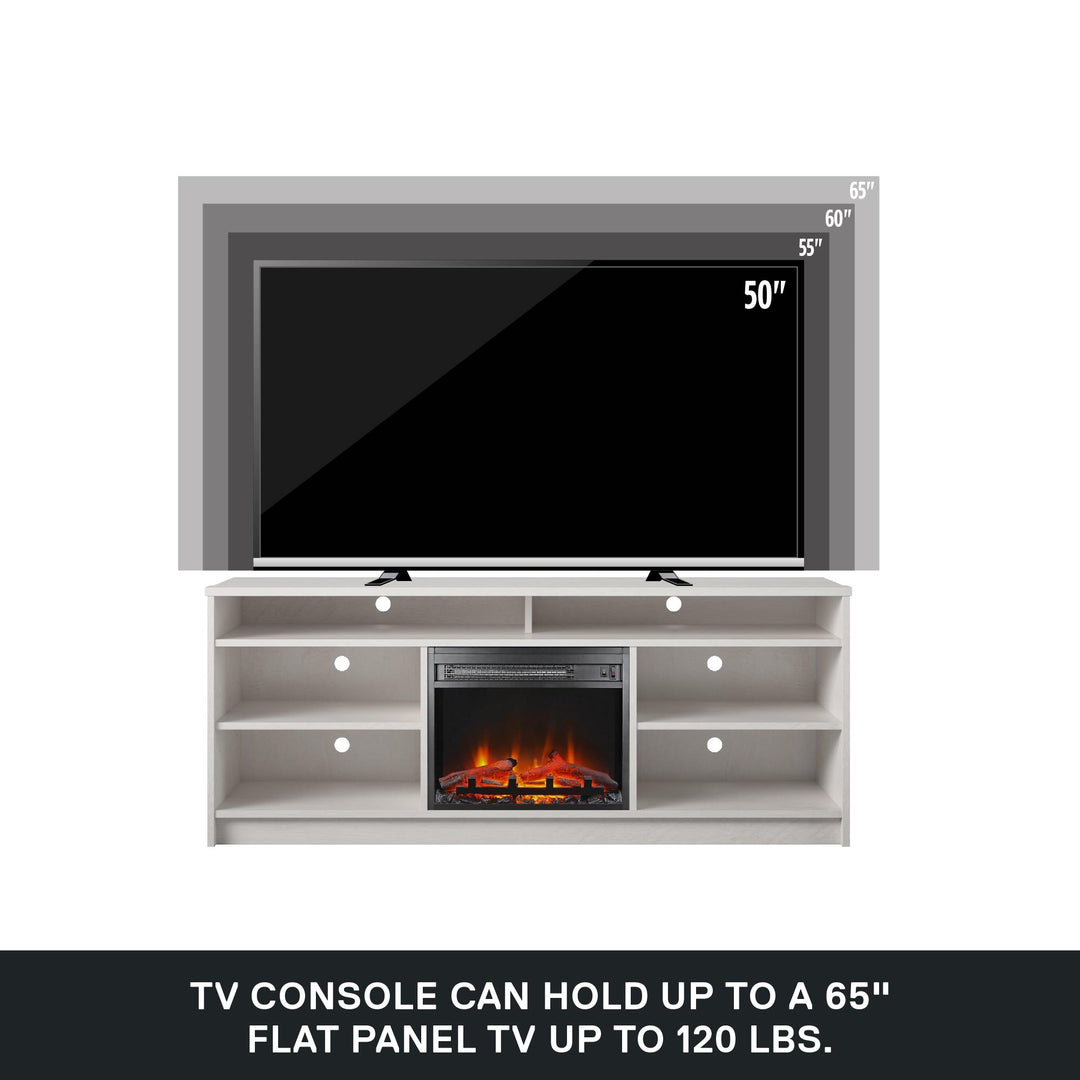 Hendrix 65 Inch TV Stand with Electric Fireplace Insert and 6 Shelves - Ivory Oak