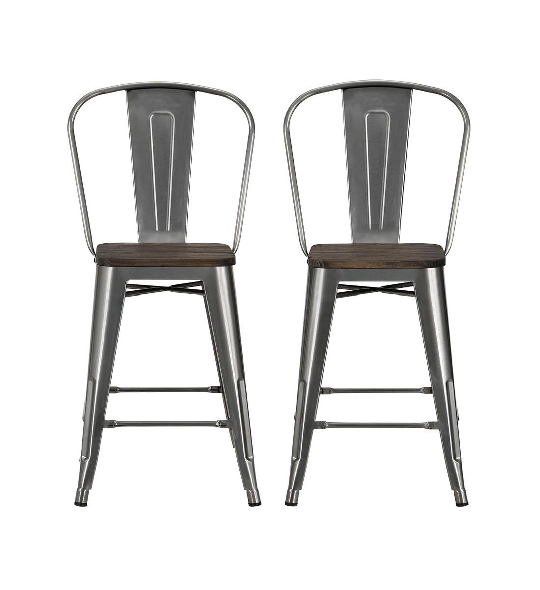 Luxor 24 Inch Metal Counter Height Bar Stool with Wood Seat, Set of 2 - Antique Gun Metal