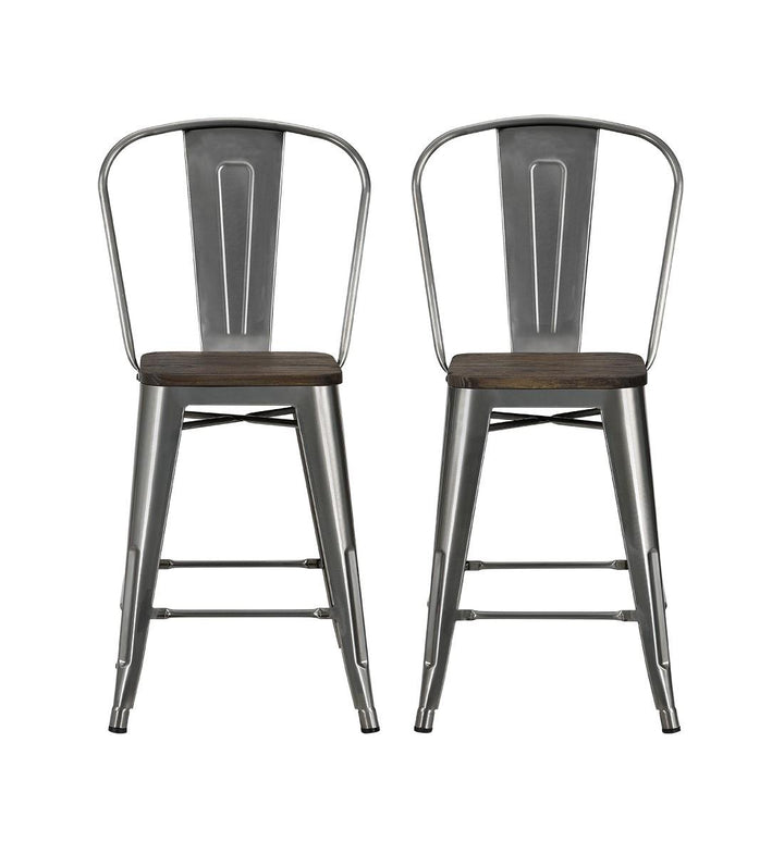 Luxor 24 Inch Metal Counter Height Bar Stool with Wood Seat, Set of 2 - Antique Gun Metal