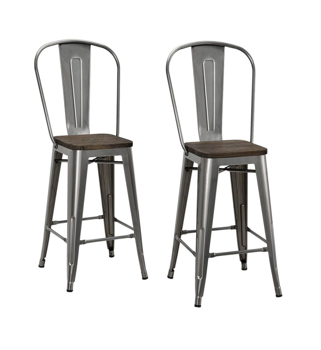 Luxor 24 Inch Metal Counter Height Bar Stool with Wood Seat, Set of 2 - Antique Gun Metal