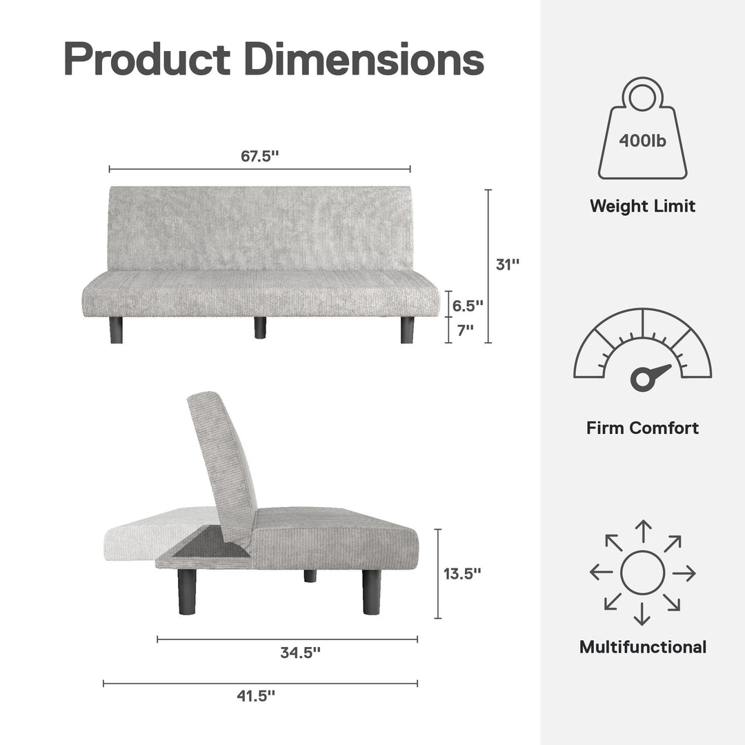 Kelra Armless Mid-Century Futon Sofa Bed - Light Gray - 2-Seater