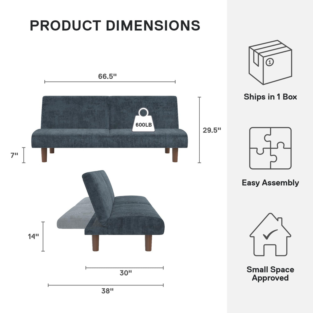 Myla Armless Corduroy Futon Sofa Bed - Blue - 3-Seater