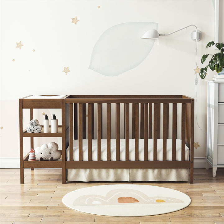 Ema 3-in-1 Convertible Crib & Changer Combo - Walnut - Crib & Toddler Mattress