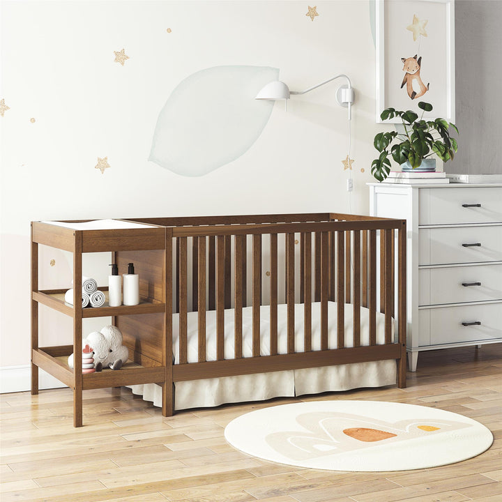 Ema 3-in-1 Convertible Crib & Changer Combo - Walnut - Crib & Toddler Mattress