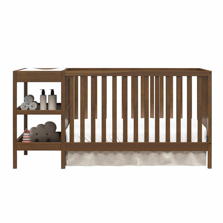 Ema 3-in-1 Convertible Crib & Changer Combo - Walnut - Crib & Toddler Mattress